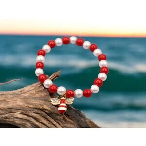 Red and White bead bracelet with matching colored bee with diamond rhinestones